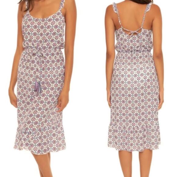 BECCA Marrakesh Ruffled Swim Cover Up Midi Dress In Cream Purple - Picture 1 of 15